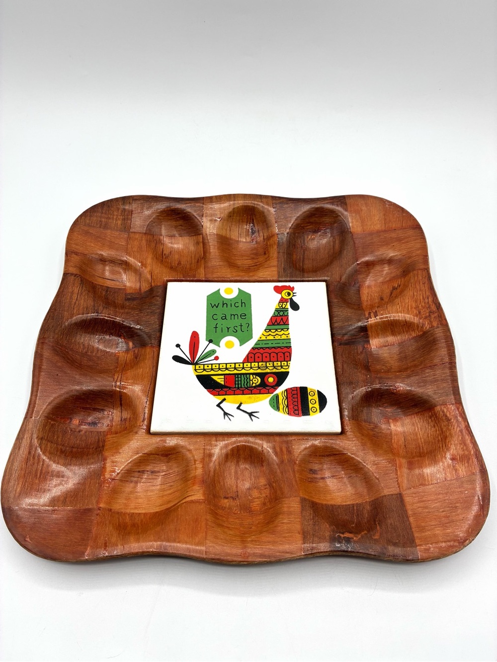 Vintage Farmhouse MCM Deviled Egg Tray “Which Came First” Chicken